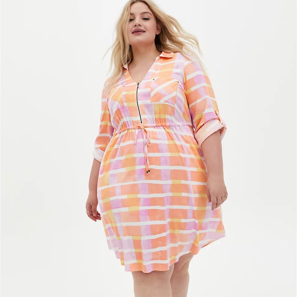 Torrid Peach Plaid Stretch Challis Shirt Dress 1X